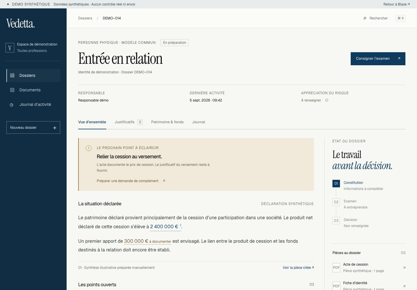 Dossier de démonstration : déclaration patrimoniale, pièce citée et versement restant à documenter.